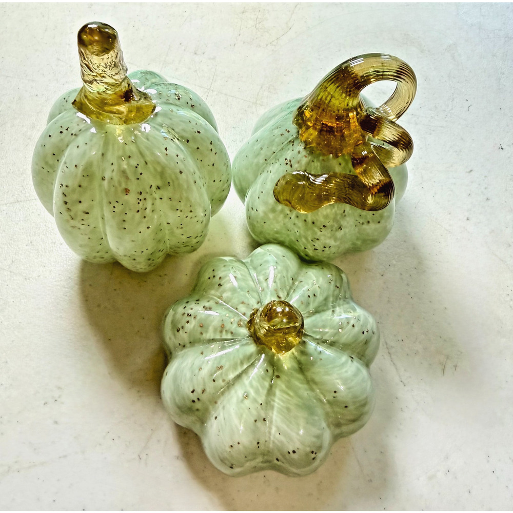 Trio Handblown Art Glass Pumpkins Pastel Pistachio Green Swirl Gold Flecks Stems - Picture 7 of 7